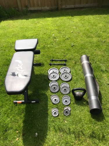 Gym bench and dumbells - and,