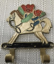 BRASS ENAMEL ORNATE ROCKING HORSE & TEDDIES COAT HOOK VINTAGE HANGER NURSERY