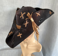 Black Distressed Tricorn Pirate Hat Renaissance Leather 57cm (2) NO FEATHERS