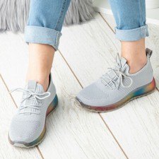 Womens Ladies Rainbow Sole Trainers Sneakers Slip On Lace Jogging Plimsole Shoes
