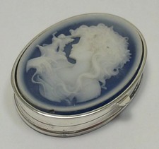 Vintage Sterling Silver Cameo Set Pill / Trinket Box  (4cm x 3cm) -  19g  -  (2)