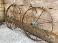 2 Vintage Cast Iron 25" Cart Wheel Art Mancave Garden Display Shepherds Hut