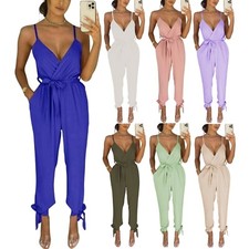 Women's Ladies Summer Wrap Over Ankle Tie Waist Jumpsuit Harem Wide Leg Playsuit