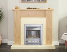 ELECTRIC FIRE OAK WOOD 48" FIREPLACE MODERN CREAM BACK HEARTH LED SILVER PEBBLES