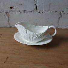 Coalport Cabbage Leaf Pattern Gravy Boat with Saucer:  Vintage White Fine China
