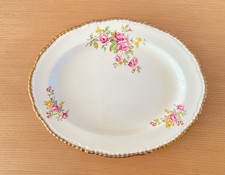 Antique Woods Ivory Ware 14.5" Serving Platter Pink Cabbage Roses Heavy 24K Gold