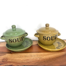 Green & Mustard Lidded Soup Bowls & Plates Rustic Retro Kitchenware