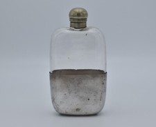 Large Edwardian Silver Plated Glass Hip Flask Spirit Flask