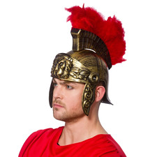 Roman Gladiator Helmet Plastic With Red Feather Plume Adults Fancy Dress