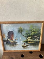  Vintage Chinese Junk Boat Oil Painting 29 Cm By 22 Cm Framed Good Condition