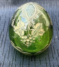 Faberge Glass Egg Green & Gold Etched Flowers