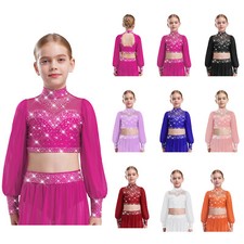 Girls Lyrical Belly Dance Crop Top Sparkling Rhinestone Latin Competition Shirts