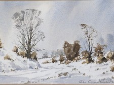 Contemporary Original watercolour painting by Ian Cruickshank Snow in Cotswolds