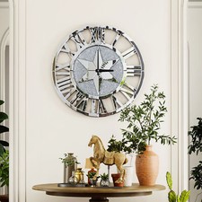 24" Sparkly Silver Crushed Diamond Clock Crystal Mirror Wall Clock Roman Numeral