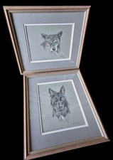 Vintage - Pair of Framed Dog Pencil Charcoal Sketches ( Signed ) 1990 Originals 