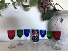 6 Antique Bristol Red Green & Blue Port Sherry Wine Glasses - Clear Stems c1880