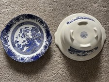 English Ironstone Tableware Old Willow Blue & White Covered Serving Dish + plate