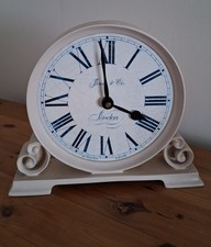Vintage London Jones & Co Cream Metal Quartz Open Faced Mantle Clock Decorative