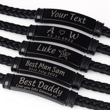Engraved Personalised Men Leather Bracelet ID Birthday Wedding christmas gift 