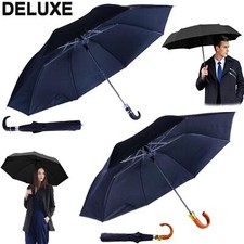 Deluxe Umbrella Strong Windproof Auto Open 8 Rib Black Parasol Folding Compact