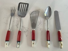 5 X Vintage Skyline Kitchen Utensils Red 50s 60s Prop Wooden Handles