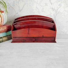 Letter Rack Desk Organiser 3 Compartments & Drawer Mahogany Tone Art Deco Look
