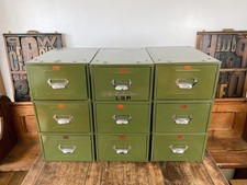 Vintage Set of 9 Veteran Series Green Metal Index Filing Storage Drawer Cabinets