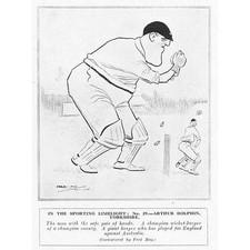 CRICKET Caricature of Arthur Dolphin, Yorkshire Wicket Keeper Vintage Print 1925