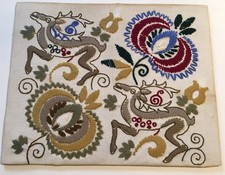 Vintage Jacobean Embroidery Piece Art Deco Prancing Deer Floral Wool 56cm