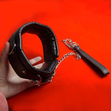 Thick Padded PU Leather Neck Collar Slave Restraint Chocker w/ Leash Chain BDSM