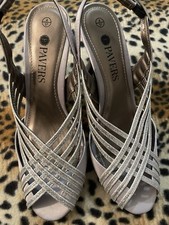 UK 4 37 Pavers Satin Silver Peep Toe Glitter Sling Back - Christmas Party Shoes