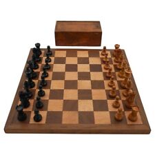 ANTIQUE ENGLISH QUALITY STAUNTON WEIGHTED CHESS SET WITH BOX AND BOARD