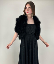 70's Vintage Black Feather Ladies Short Sleeve Crop Jacket Evening Party Glam