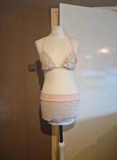 Pink sequin diamante lacy rave club pole dance wear bikini bra top micro skirt S