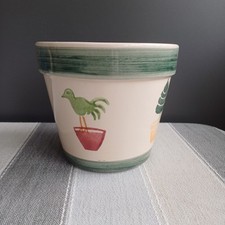 Plant Pot Holder Planter Bird Trees Green Glazed Ceramic Pre-loved Home Gift 