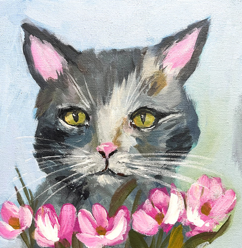 Original cat floral painting - cat,