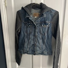 Hollister Distressed Hooded Denim Jacket; Grey Jersey Sleeves Size Small 