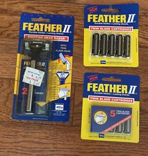 NOS VTG Feather II Pivoting Head Safety Razor w/ 12 Twin Blade Cartridges Japan