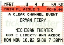 Bryan Ferry Mode Concert Ticket Stub November 18 2002 Ann Arbor Michigan
