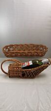 2 Woven Wicker: Wine Bottle Holder & Baguette Basket Vintage Country Farmhouse
