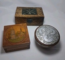 *VINTAGE WOODEN BOXES * trinket Jewellery Carved Unusual Church Metal Foil