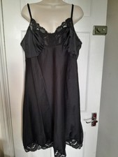 Vintage Satin Feel Black Lace Night Slip Dress Pit 2 Pit 46cm Length 78cm VGC