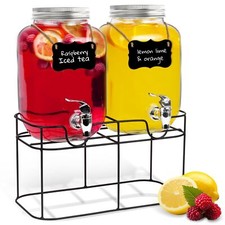HEFTMAN Glass Drink Dispenser Jar with Metal Stand Cocktail Juice 4L 2 Pack