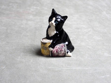 Royal Doulton  Cat Figure, Black & White Blue Eyes & Tins of Cat Food 6.5cm high