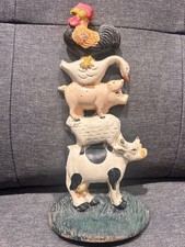 Vintage Cast Iron Door Stop Featuring Stacked  Cow,Sheep,Pig,Goose &Rooster(gr1)