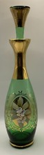 Vintage Green Gold Glass Decanter & Bohemian Czech Hand Painted