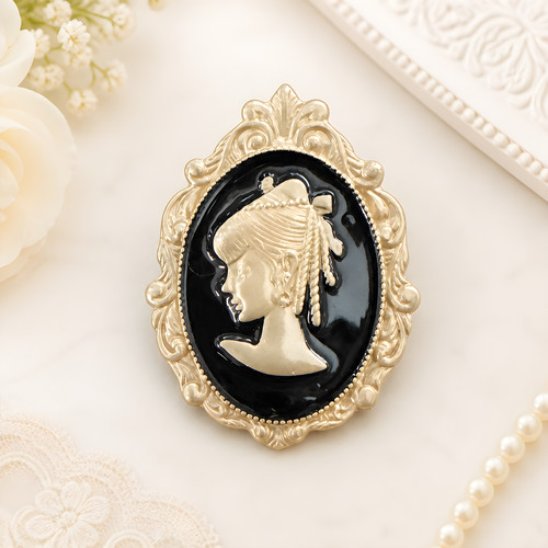 Gold black cameo brooch - gold,