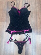 CLOSER By EVIE Black & Cerise Pink Lace Suspender Basque & Thong Set 10/12 36B