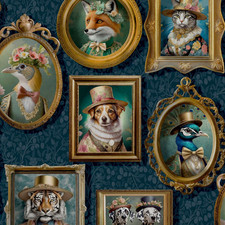 Navy Blue Animal Wallpaper Victorian Portraits Floral Leaf Foxes Dogs Feature