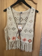 Lovely Beige Crochet Fringed Boho Waistcoat  With Coloured Shapes  10 New Tags